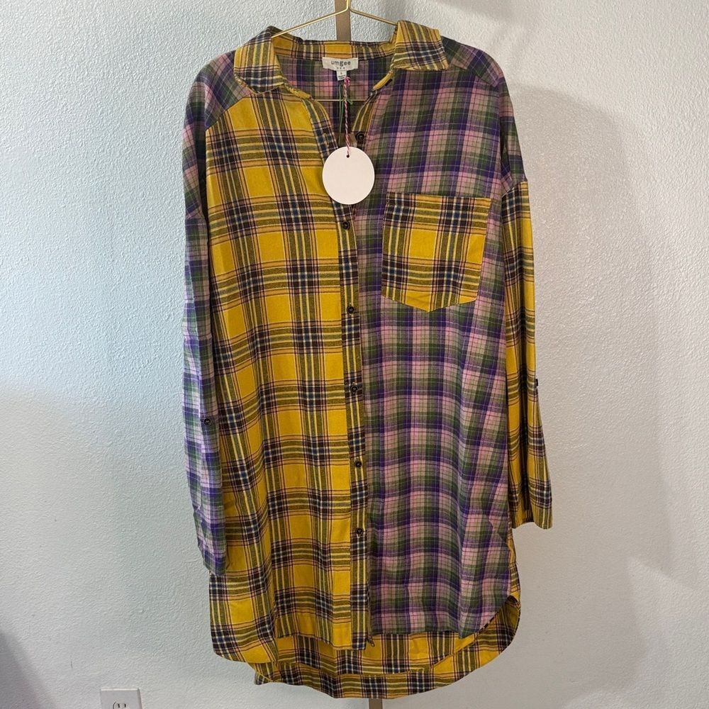Umgee Yellow and Purple Plaid Shirt Dress